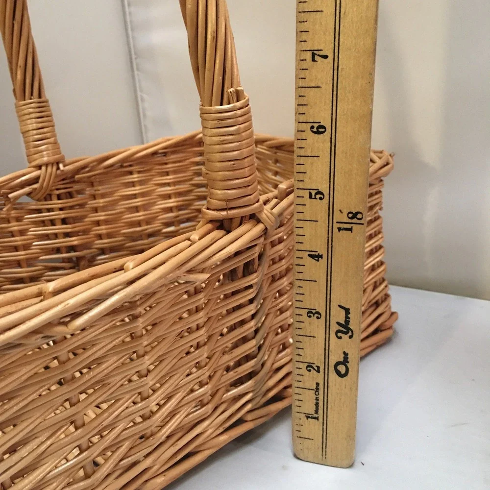 Wicker Basket Unisex Medium Tan Rectangular Woven Willow with Handle Cottagecore